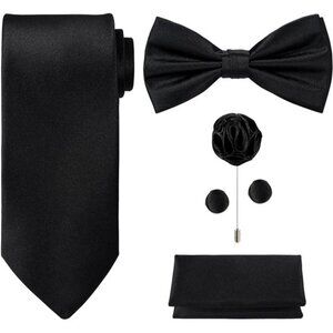 5pcs Tie Set in Gift BOX WHITE OR BLACK: Solid Color Necktie, Satin Bow Tie